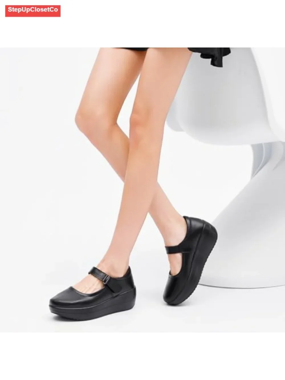 Platform Wedge Mary Jane Shoes - Faux Leather Round Toe Ankle Strap Wide Width
